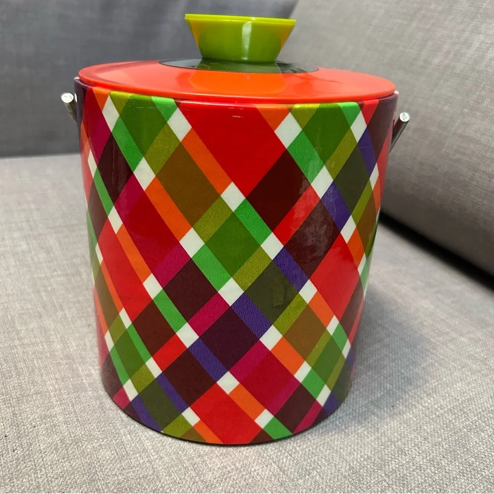 60-70’s Vintage Mod Retro Plaid Vinyl Ice Bucket MCM #10012510